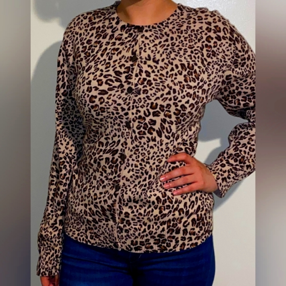 Studio Works Button Up Cardigan Sweater, animal print, cream and Brown, size L.